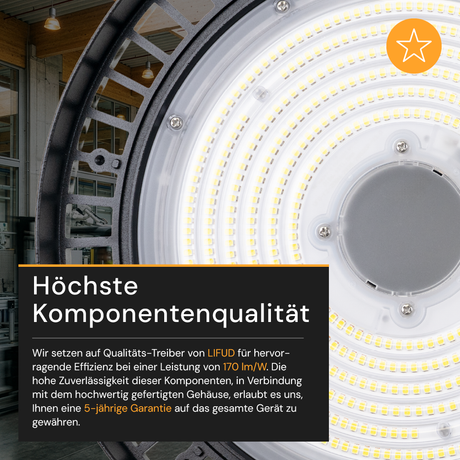 LED-Hallenstrahler, 200 W, 34000 lm, 4000 K, schwarz, Ø 30 cm, anpassbare Leistung, dimmbar