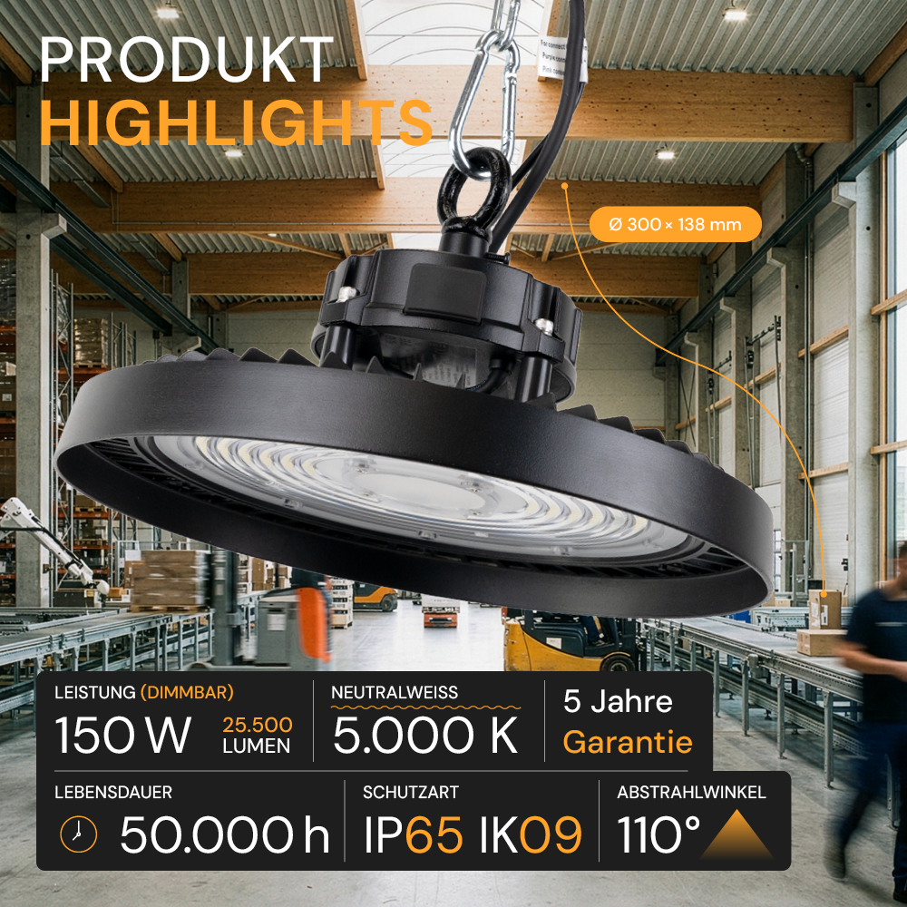 LED-HighBay, UFO, 150 W, 5000 K (neutralweiß), 25500 lm, IP65, LIFUD Netzteil, dimmbar, hohe Energieeffizienz