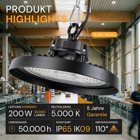 LED-HighBay, UFO, 200 W, 5000 K (neutralweiß), 34000 lm, IP65, LIFUD Netzteil, dimmbar, hohe Energieeffizienz