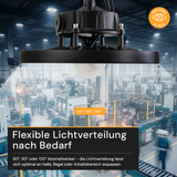 LED-HighBay, Sensor-Ready, UFO, anpassbare Leistung 60-100 W, 4000 K (neutralweiß), 9600-16000 lm, dimmbar, 60°/90°/120° Abstrahlwinkel, IP65, MOSO, hohe Energieeffizienz