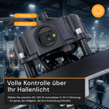 LED-HighBay, Sensor-Ready, UFO, anpassbare Leistung 60-100 W, 4000 K (neutralweiß), 9600-16000 lm, dimmbar, 60°/90°/120° Abstrahlwinkel, IP65, MOSO, hohe Energieeffizienz