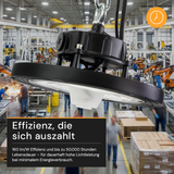 LED-HighBay, Sensor-Ready, UFO, anpassbare Leistung 60-100 W, 4000 K (neutralweiß), 9600-16000 lm, dimmbar, 60°/90°/120° Abstrahlwinkel, IP65, MOSO, hohe Energieeffizienz