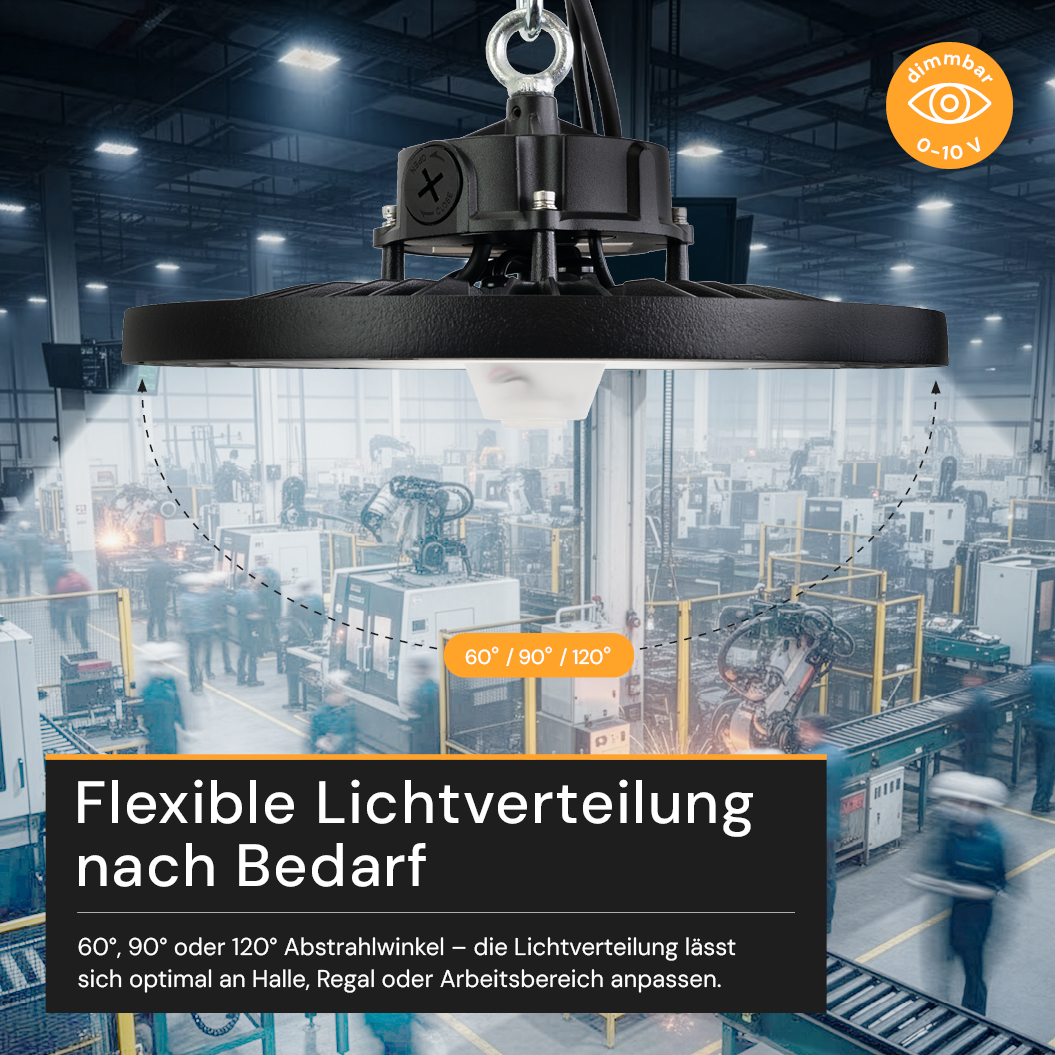 LED-HighBay, Sensor-Ready, UFO, anpassbare Leistung 120-200 W, 4000 K (neutralweiß), 19200-32000 lm, dimmbar, 60°/90°/120° Abstrahlwinkel, IP65, MOSO, hohe Energieeffizienz