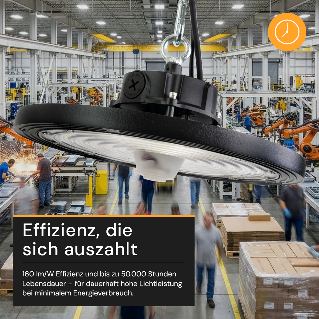 LED-HighBay, Sensor-Ready, UFO, anpassbare Leistung 120-200 W, 4000 K (neutralweiß), 19200-32000 lm, dimmbar, 60°/90°/120° Abstrahlwinkel, IP65, MOSO, hohe Energieeffizienz