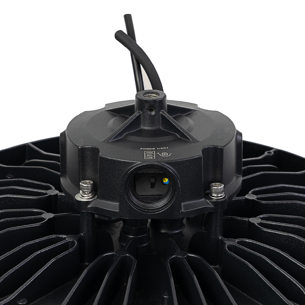 LED-HighBay, Sensor-Ready, UFO, anpassbare Leistung 120-200 W, 4000 K (neutralweiß), 19200-32000 lm, dimmbar, 60°/90°/120° Abstrahlwinkel, IP65, MOSO, hohe Energieeffizienz