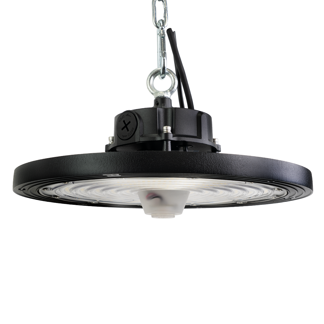 LED-HighBay, Sensor-ready, UFO, anpassbare Leistung und Licht, 120-200 W, 3000–6500K (warm- bis kaltweiß), 19200-32000 lm, dimmbar, 60°/90°/120° Abstrahlwinkel, IP65, MOSO, hohe Energieeffizienz