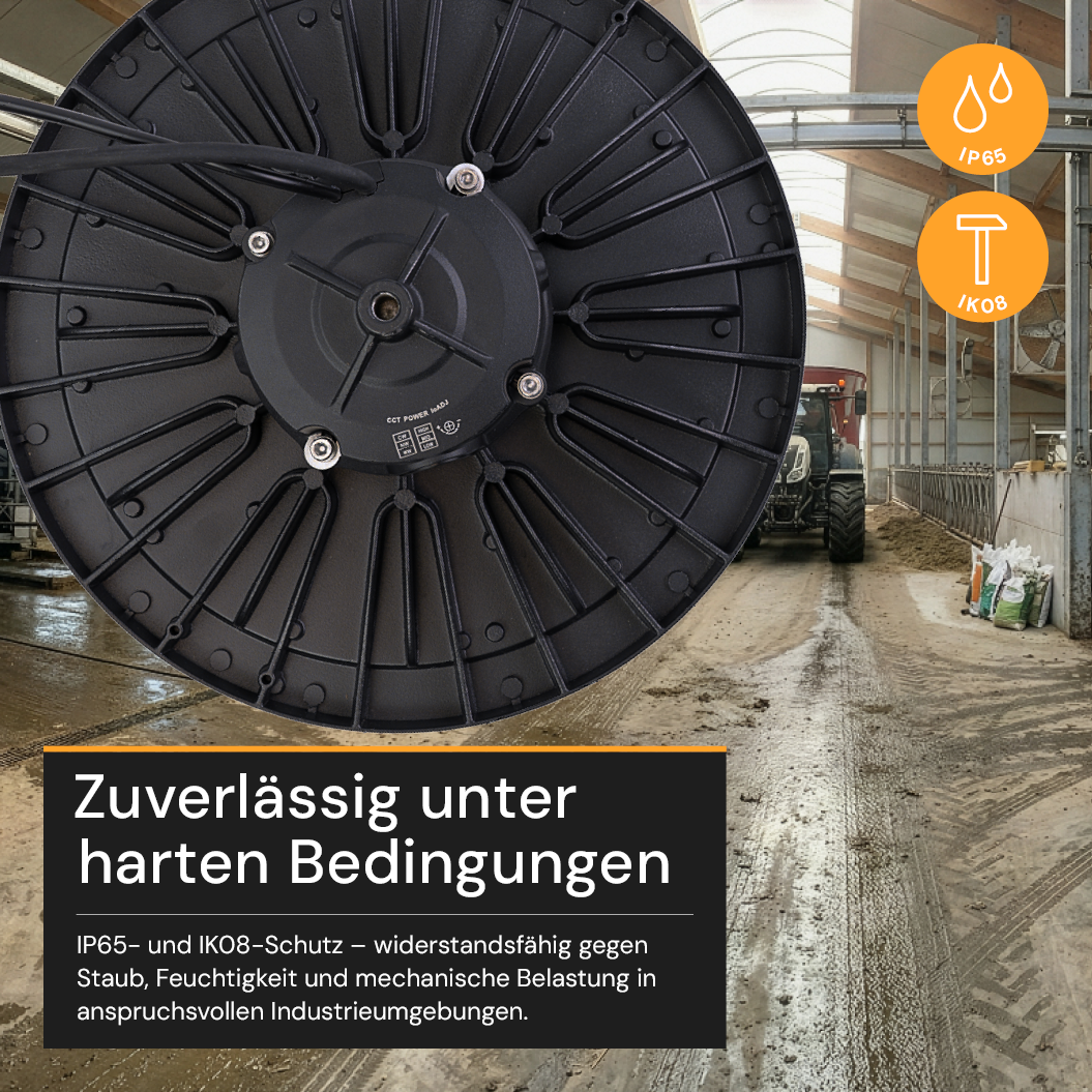 LED-HighBay, Sensor-ready, UFO, anpassbare Leistung und Licht, 120-200 W, 3000–6500K (warm- bis kaltweiß), 19200-32000 lm, dimmbar, 60°/90°/120° Abstrahlwinkel, IP65, MOSO, hohe Energieeffizienz