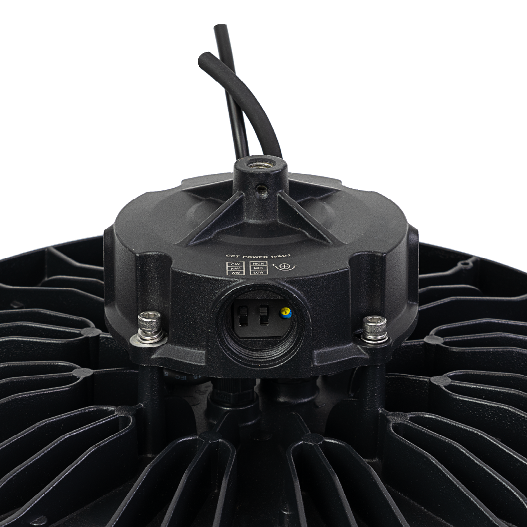 LED-HighBay, Sensor-ready, UFO, anpassbare Leistung und Licht, 120-200 W, 3000–6500K (warm- bis kaltweiß), 19200-32000 lm, dimmbar, 60°/90°/120° Abstrahlwinkel, IP65, MOSO, hohe Energieeffizienz