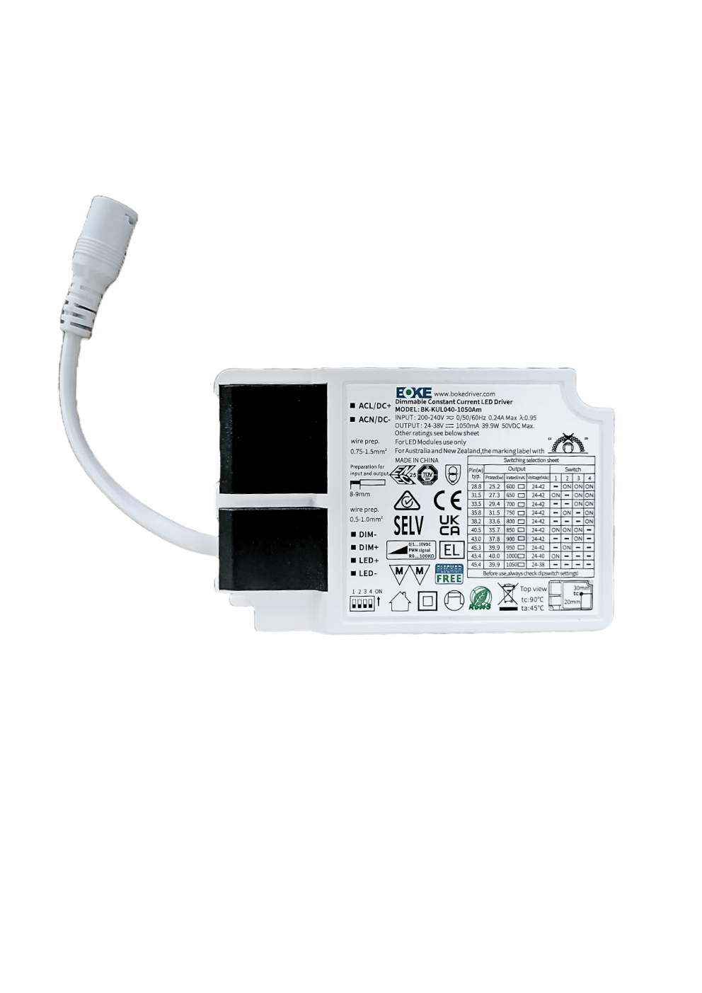 0-10V dimmbares LED-Netzteil, BOKE, 40 W, 24-38 V, IP20,ENEC, Möbelzulassung | Lichttechnik24.de.