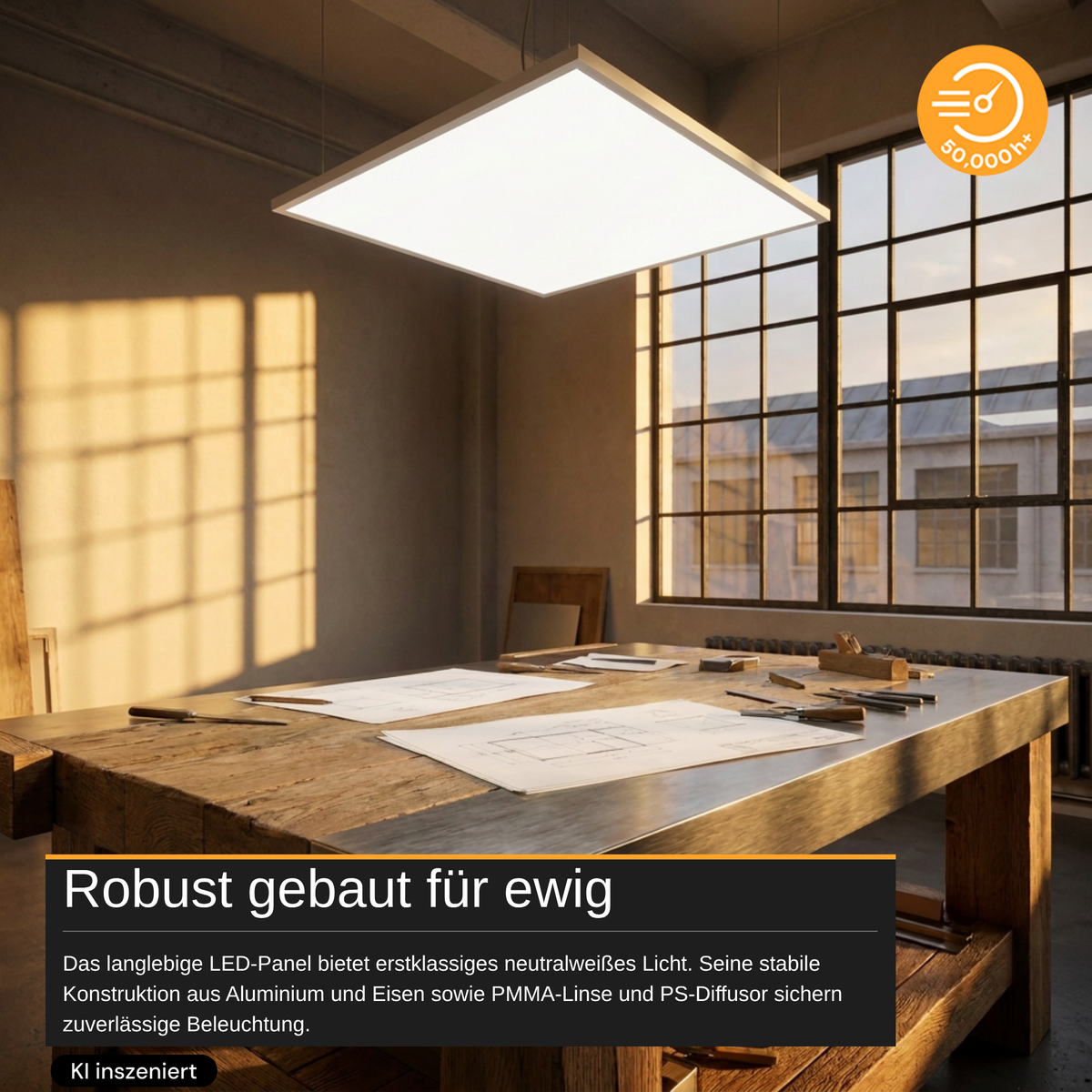 LED-Panel, 20 W, 4.240 lm, 4.000 K, weiß, 62x62 cm, Energieeffizienzklasse A.