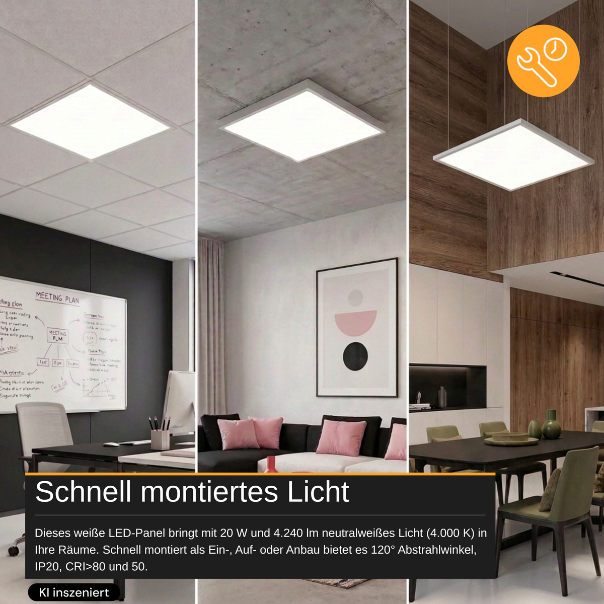 6er Pack LED-Panel, 20 W, 4.240 lm, 4.000 K, weiß, 62x62 cm, Energieeffizienzklasse A.