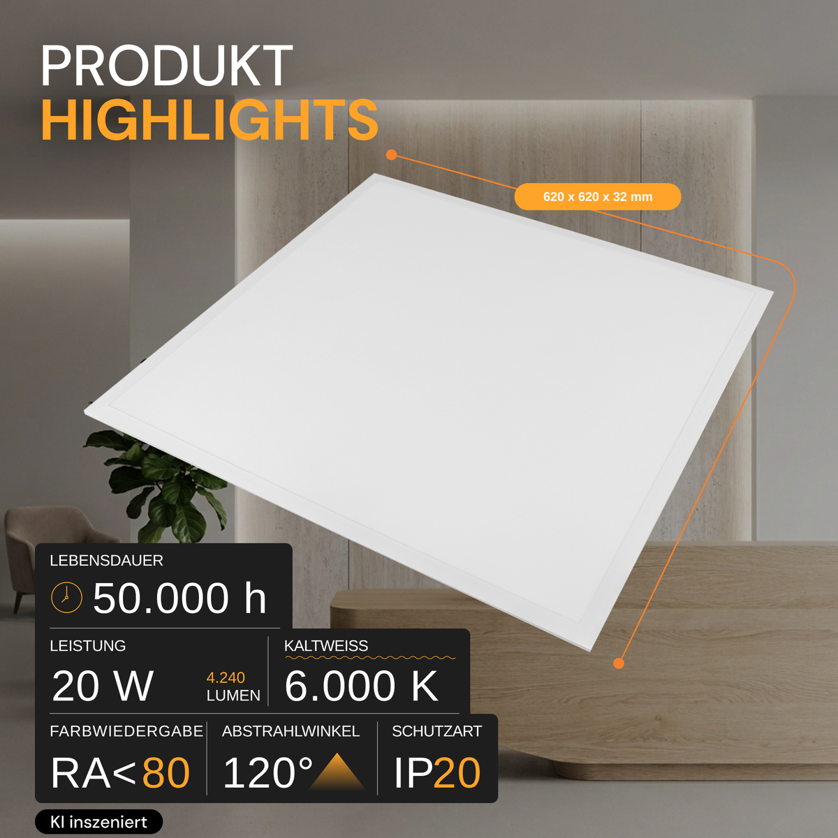 6er Pack LED-Panel, 20 W, 4.240 lm, 6.000 K, weiß, 62x62 cm, Energieeffizienzklasse A.