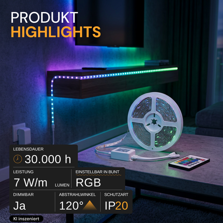 Set LED-Streifen, RGB, 5 Meter Länge, 60 LED/m, 12 V, 10 mm, inklusive Fernbedienung und Netzteil
