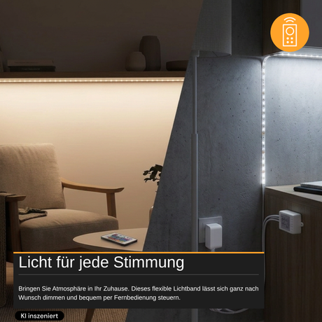 Set LED-Streifen, RGB, 5 Meter Länge, 60 LED/m, 12 V, 10 mm, inklusive Fernbedienung und Netzteil