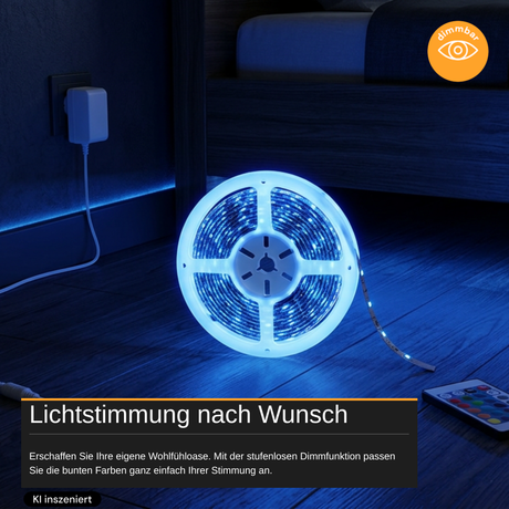 Set LED-Streifen, RGB, 5 Meter Länge, 60 LED/m, 12 V, 10 mm, inklusive Fernbedienung und Netzteil