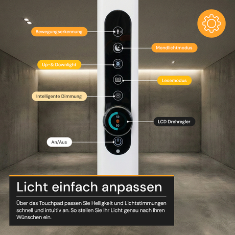 LED Büro-Stehleuchte Up&Down mit Sensor, 150W, 11.000lm, 4000K, UGR<16, CRI>98, dimmbar, weiß