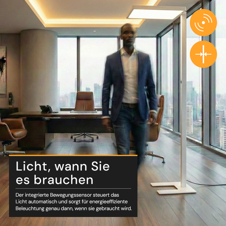 LED Büro-Stehleuchte Up&Down mit Sensor, 150W, 11.000lm, 4000K, UGR<16, CRI>98, dimmbar, weiß