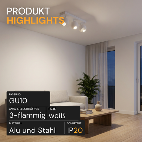 Deckenspot GLOBE, in Weiß, aus Alu und Stahl, 3-flammig, GU10-Fassung, IP20, Ø10cm