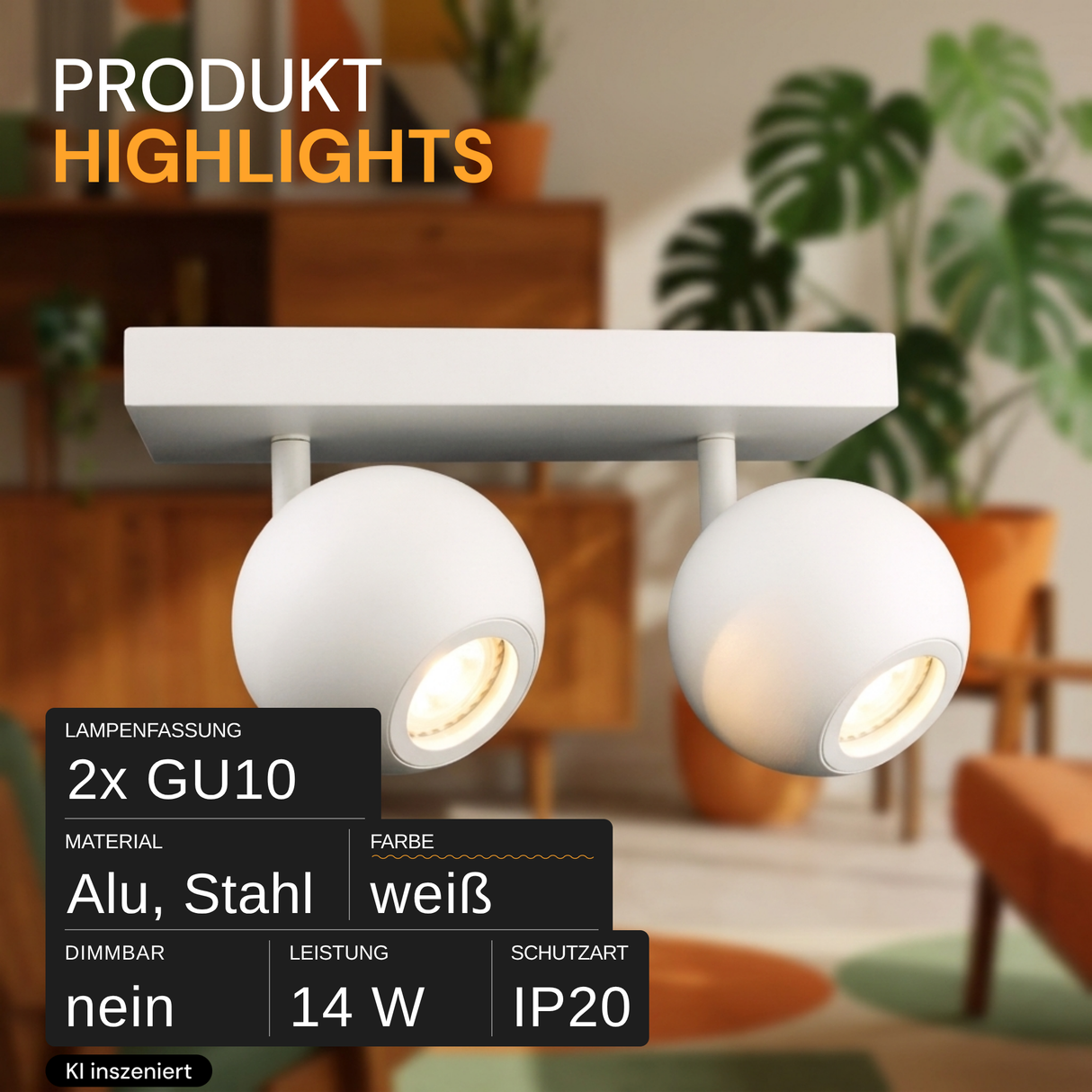 Deckenspot GLOBE, in Weiß, aus Alu und Stahl, 2-flammig, GU10-Fassung, IP20, Ø10cm