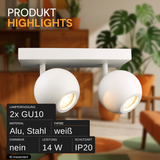 Deckenspot GLOBE, in Weiß, aus Alu und Stahl, 2-flammig, GU10-Fassung, IP20, Ø10cm