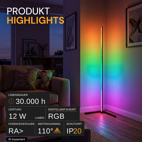 LED Stehlampe in RGB Farben, Eckleuchte mit Fernbedienung, 12 W, 12 V, schwarz, RGB-IC