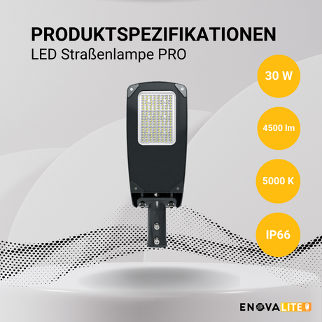 LED-Straßenleuchte PRO, 30 W, 4500 lm, 5000 K (neutralweiß), IP66, SOSEN Driver, LUMILEDS LED, hochenergieeffizient, dimmbar 0-10 V.