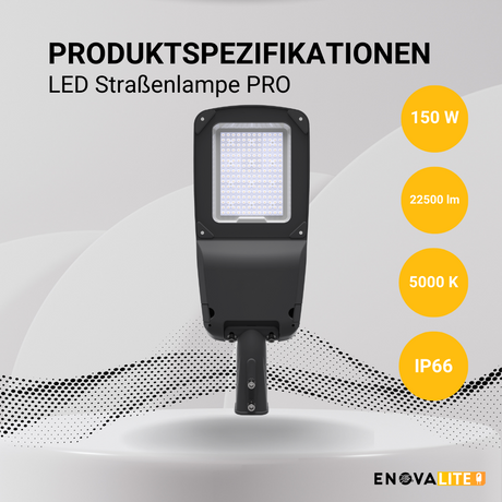 LED-Straßenleuchte PRO, 150 W, 22500 lm, 5000 K (neutralweiß), IP66, SOSEN Driver, LUMILEDS LED, hochenergieeffizient, dimmbar 0-10 V.