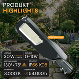 LED-Straßenleuchte PRO, 30 W, 4500 lm, 3000 K (warmweiß), IP66, SOSEN Driver, LUMILEDS LED, hochenergieeffizient, 0-10 V dimmbar