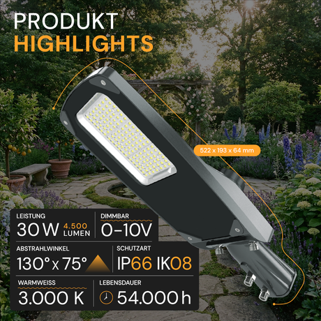 LED-Straßenleuchte PRO, 30 W, 4500 lm, 3000 K (warmweiß), IP66, SOSEN Driver, LUMILEDS LED, hochenergieeffizient, 0-10 V dimmbar