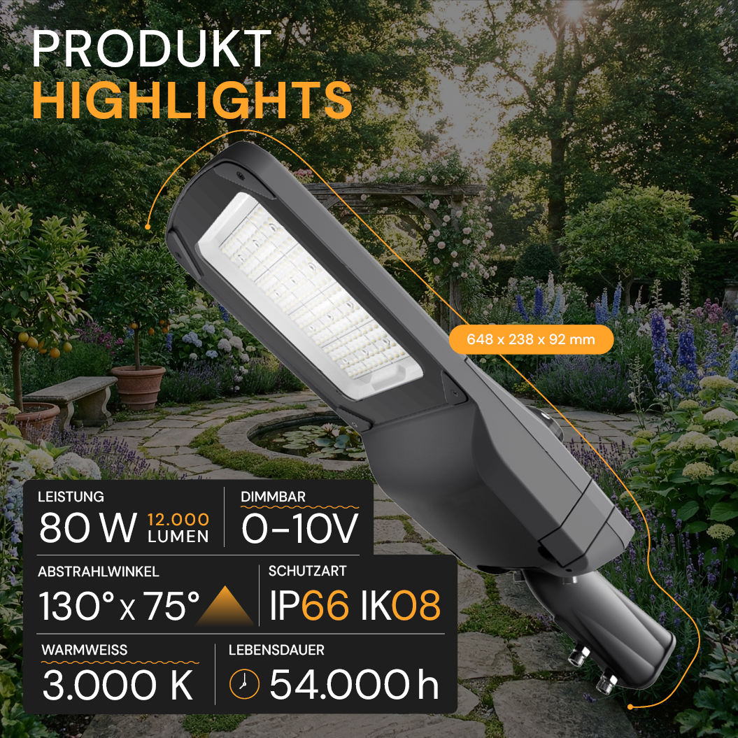 LED-Straßenleuchte PRO, 80 W, 12000 lm, 3000 K (warmweiß), IP66, SOSEN Driver, LUMILEDS LED, hochenergieeffizient, 0-10 V dimmbar