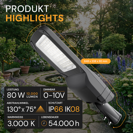 LED-Straßenleuchte PRO, 80 W, 12000 lm, 3000 K (warmweiß), IP66, SOSEN Driver, LUMILEDS LED, hochenergieeffizient, 0-10 V dimmbar