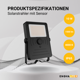 Solarstrahler mit Sensor, LED-Fluter, 24 h Lichtzeit, 10 W, 1500 lm, 4000 K (neutralweiß), IP65, Parkplatzleuchte