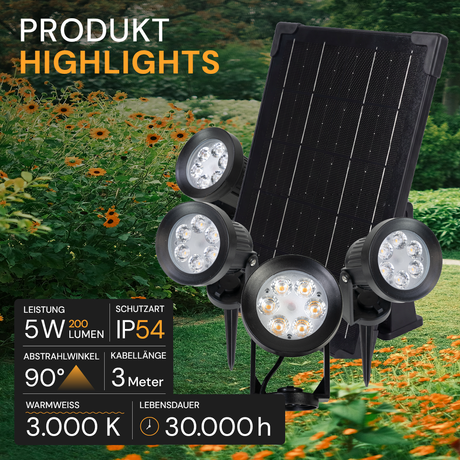 Gartenspots, IP54, 3000 K (warmweiß), 200 lm, LiFePo4 Akku, monokristallines 5 W Solarpanel, flexible Montage, mit Erdspieß