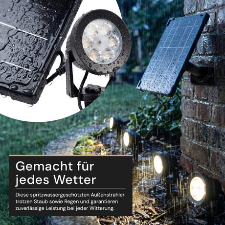 Gartenspots, IP54, 3000 K (warmweiß), 200 lm, LiFePo4 Akku, monokristallines 5 W Solarpanel, flexible Montage, mit Erdspieß