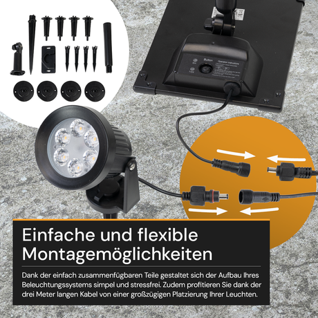 Gartenspots, IP54, 3000 K (warmweiß), 200 lm, LiFePo4 Akku, monokristallines 5 W Solarpanel, flexible Montage, mit Erdspieß