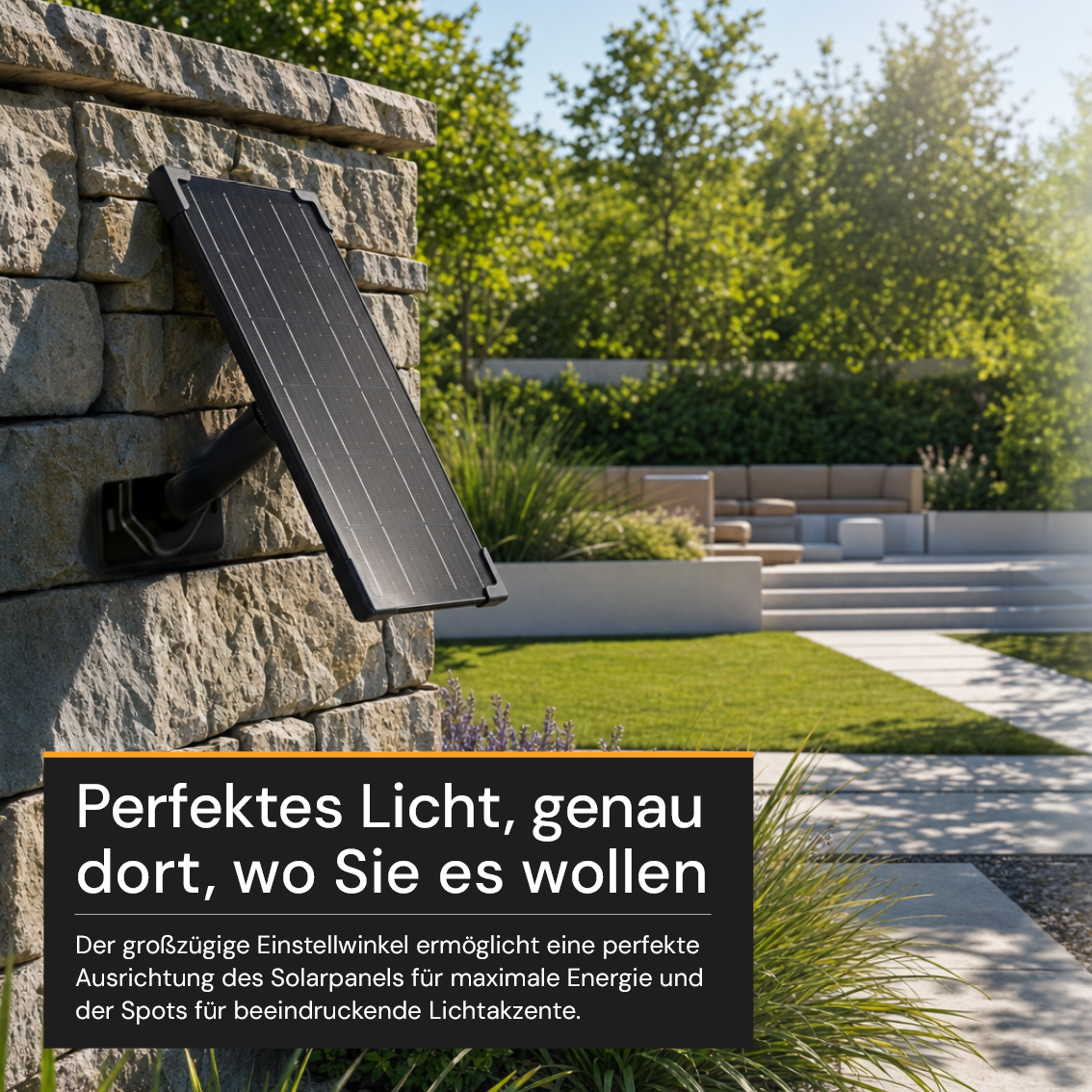 Gartenspots, IP54, 3000 K (warmweiß), 200 lm, LiFePo4 Akku, monokristallines 5 W Solarpanel, flexible Montage, mit Erdspieß