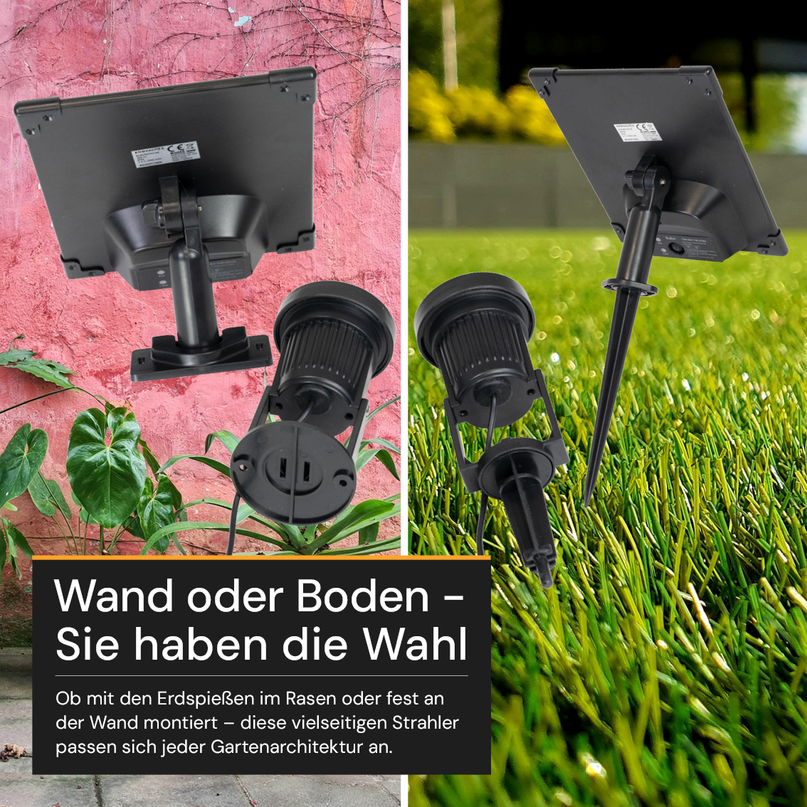 Gartenspots, IP54, 3000 K (warmweiß), 200 lm, LiFePo4 Akku, monokristallines 5 W Solarpanel, flexible Montage, mit Erdspieß