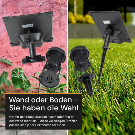 Gartenspots, IP54, 3000 K (warmweiß), 200 lm, LiFePo4 Akku, monokristallines 5 W Solarpanel, flexible Montage, mit Erdspieß