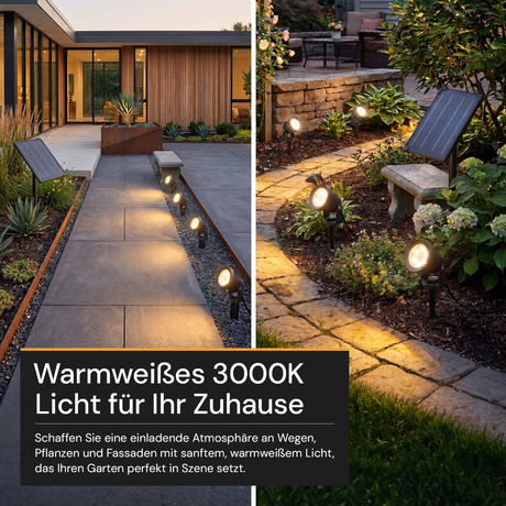 Gartenspots, IP54, 3000 K (warmweiß), 200 lm, LiFePo4 Akku, monokristallines 5 W Solarpanel, flexible Montage, mit Erdspieß