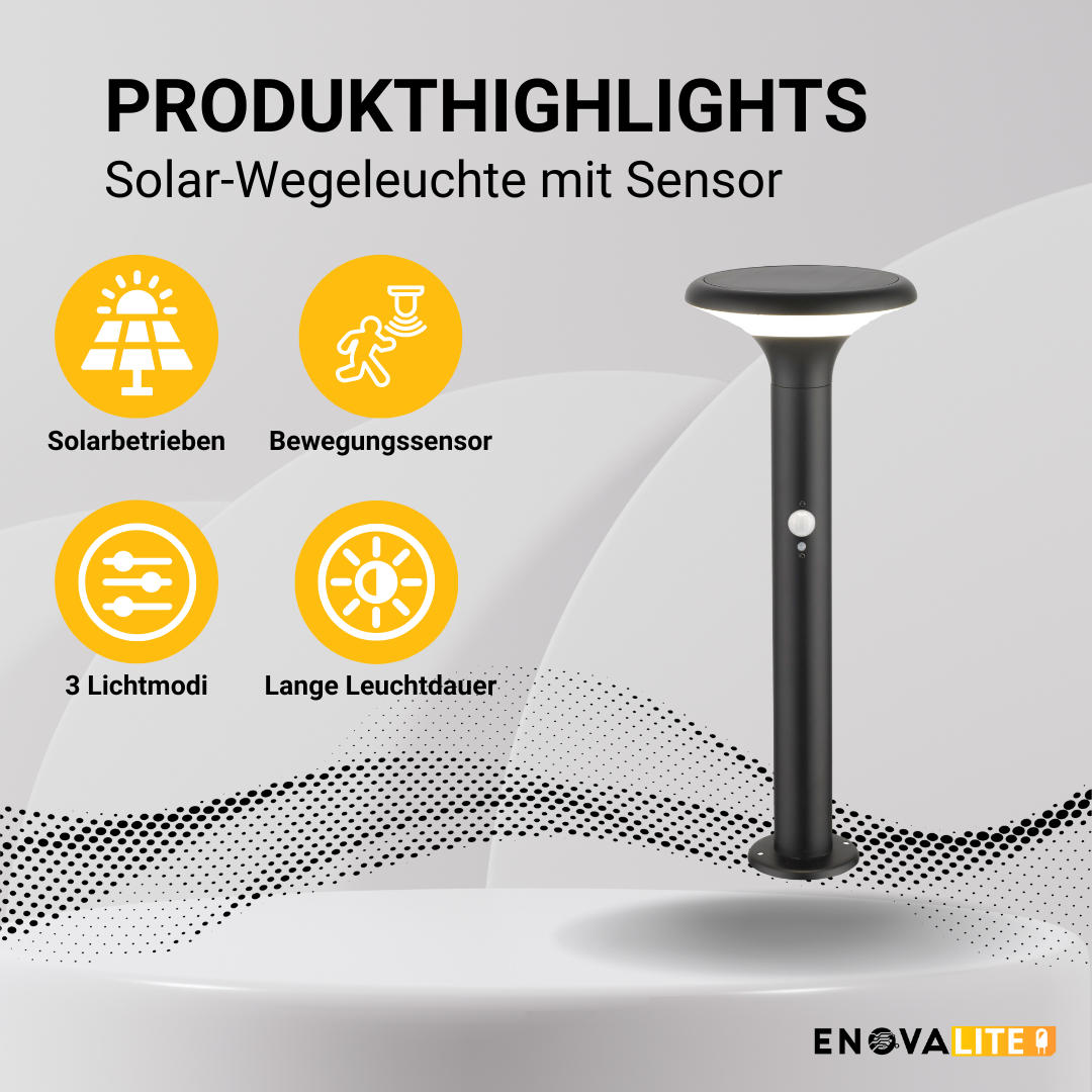 Solar Wegeleuchte mit PIR Sensor, rund, 3000 K (warmweiß), 12 Stunden Leuchtzeit, 3 Lichtmodi, IP54-Wasserdicht, aus Aluminium