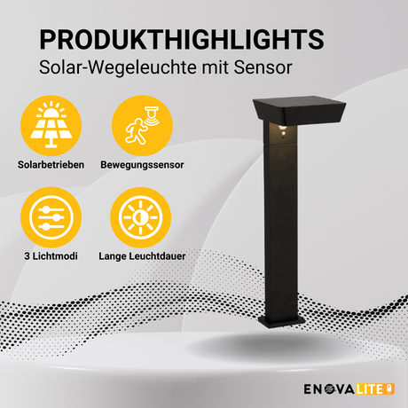 Solar Wegeleuchte mit PIR Sensor, eckig, 3000 K (warmweiß), 12 Stunden Leuchtzeit, 3 Lichtmodi, IP54-Wasserdicht, aus hochwertigem Aluminium