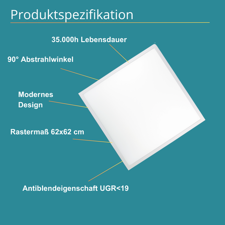 6er Pack LED-Panels, 62x62 cm, UGR19, 4000 K, 36 W, 3600 lm