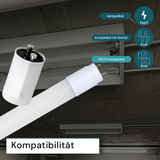 LED T8 Röhre, 60 cm, 9 W, 850 lm, 6500 K (kaltweiß), drehbar, mit Brücke.