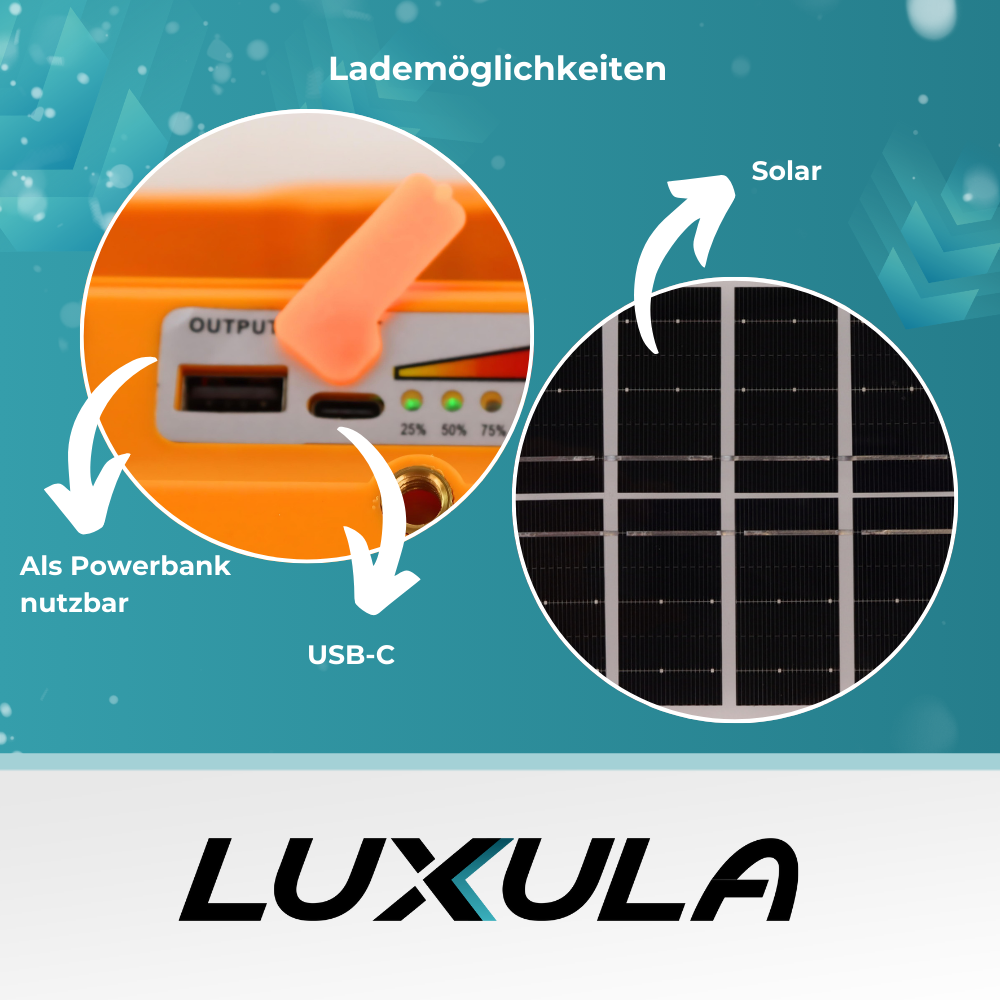 Solar Baustrahler mit Akku, CCT, 6 Std.Leuchtzeit, USB In- & Output, IP65, Magnet- & Hängefunktion | Lichttechnik24.de.