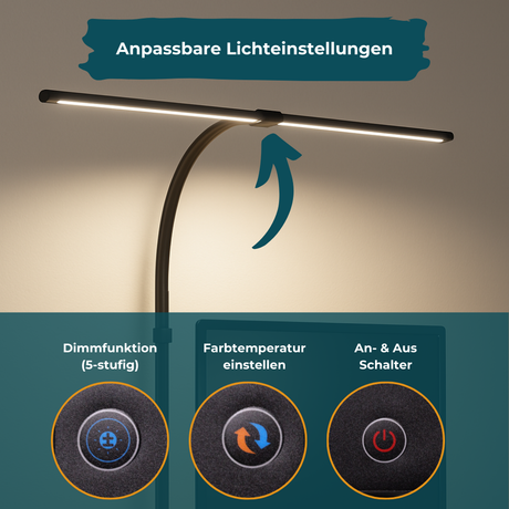LED-Schreibtischlampe, Doppelkopf, in Schwarz, dimmbar, 5 Farbtemperaturstufen, 24 W, 800 lm, klemm- und verstellbare Monitorlampe.