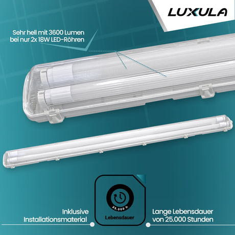 2er Pack LED Wannenleuchte 120cm, inkl 2x18W LED-Röhren T8, 4000K, IP65, IK08