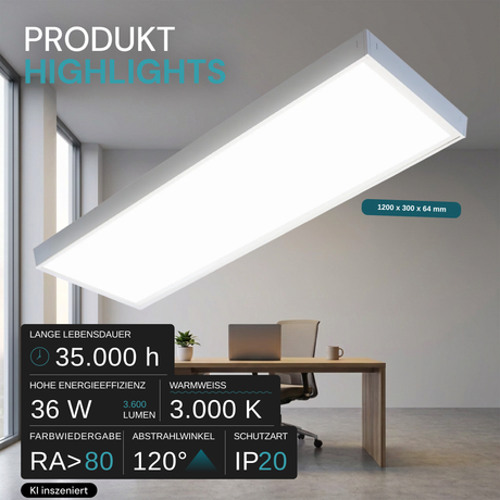 LED Panel, mit Montagerahmen, 120x30, 36W, 3600lm, 3000K, inkl Netzteil