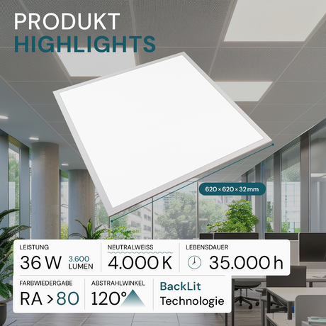 6er Pack LED BackLit Panel, 62x62 cm, 36W, 3600lm, 4000K, Kunststoffrahmen