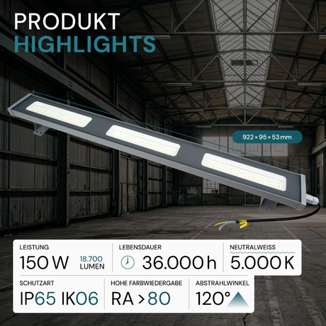 LED-Hallenleuchte, linear, 150 W, 18700 lm, 5000 K (neutralweiß), IP65, grau
