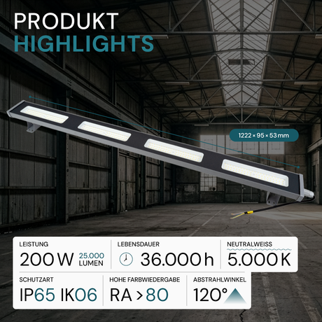 LED-Hallenleuchte, linear, 200 W, 25000 lm, 5000 K (neutralweiß), IP65, grau